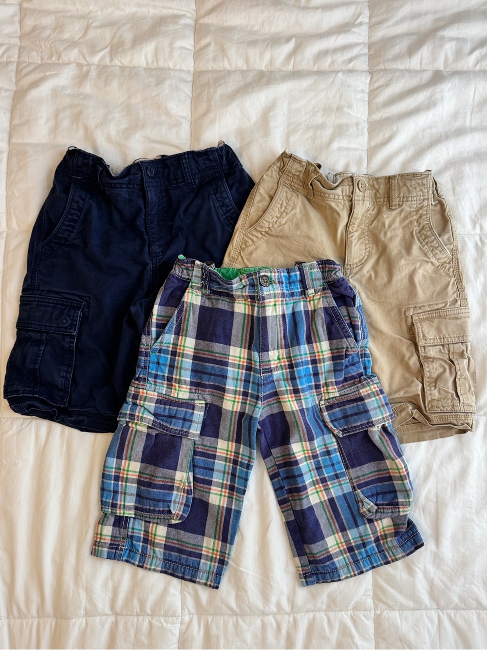 GAP Mini Boden Boys Cargo Shorts - Navy, Khaki & Blue Plaid Size 12 (set of 3)